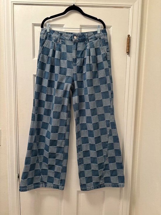 Essentials Denim - Women’s Checkerboard Denim Wide Leg Pants - Blue
